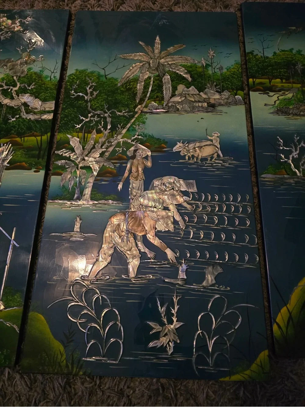 Vintage 4-Panel Vietnamese Laquer & Mother of Pearl Wall Decor 32x64